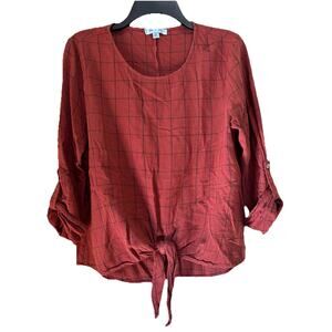 She + Sky Womens Medium Red Plaid Roll Tab Sleeves Tie Front Pullover Blouse